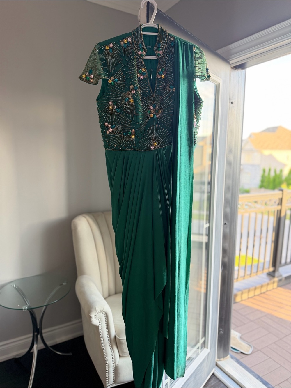 Emerald Green Embellished Short-Sleeve Draped Dress